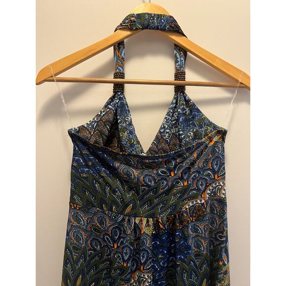 Christina Love Halter Dress Abstract Peacock Print Size Medium JL - Picture 4 of 8